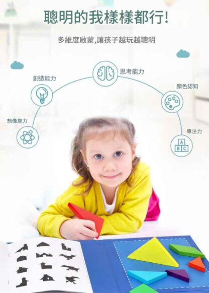 磁性七巧板兒童益智拼圖木製早教玩具 | 藍色磁性七巧板（含7塊拼塊+96道題目本）：圖片 4